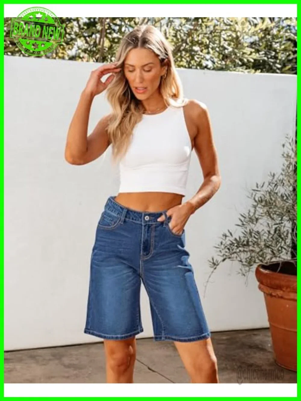 High Waisted Stretchy Denim Bermuda Shorts Knee Length Loose Fit Long Shorts